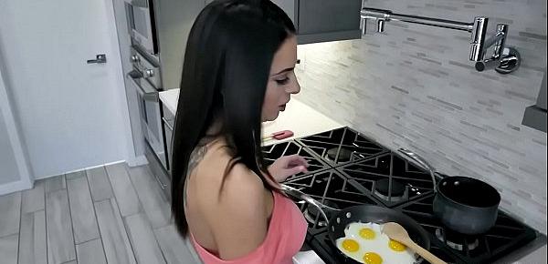  Playful MILF Eva Long is making breakfast but her naughty stepson keep on annoying him so she gave him a sloppy blowjob for breakfast.
